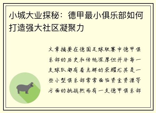 小城大业探秘：德甲最小俱乐部如何打造强大社区凝聚力