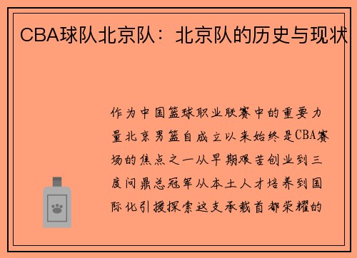 CBA球队北京队：北京队的历史与现状
